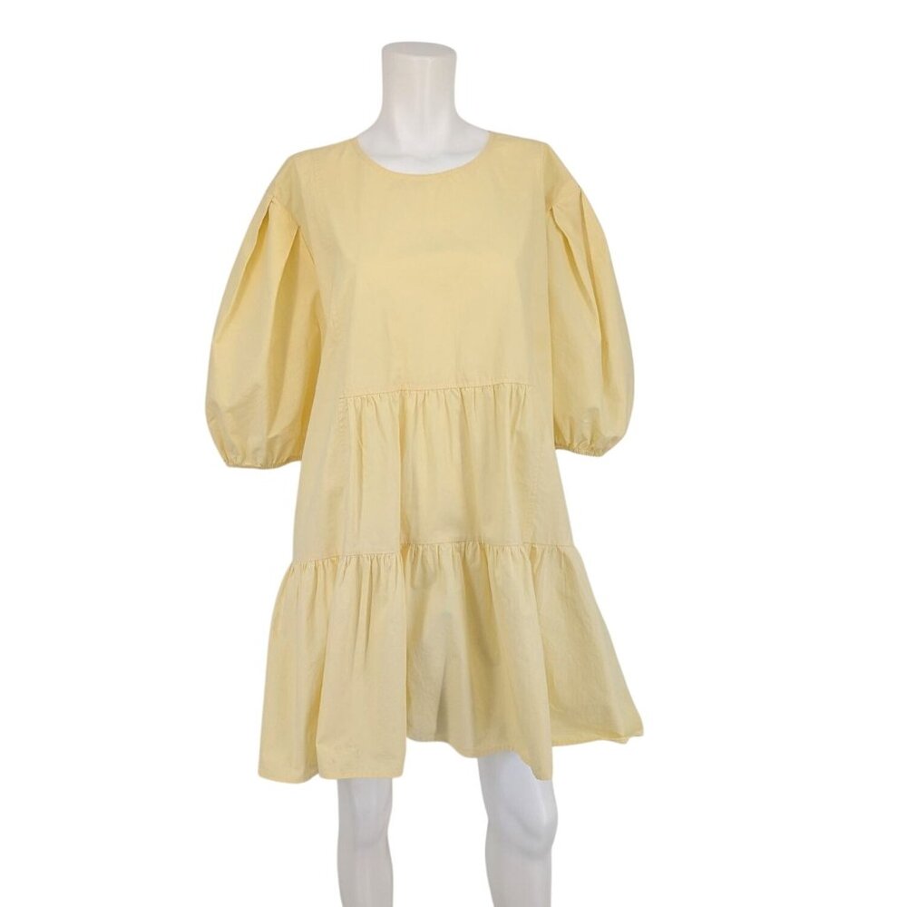 Oak + Fort Tiered Babydoll Dress Butter Yellow Puff Sleeve Minimalist Size Large